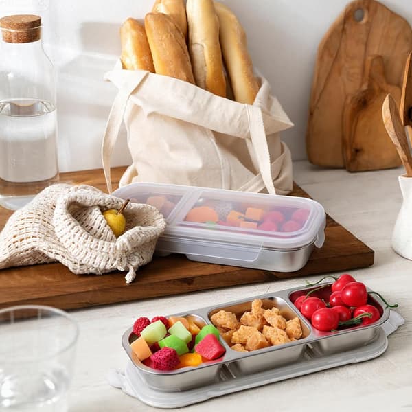 2-pack Stainless Steel Snack Boxes, 2 and 3 Compartment Bento Snack Boxes, Leak-Proof Sauce Boxes, Metal Bento Boxes