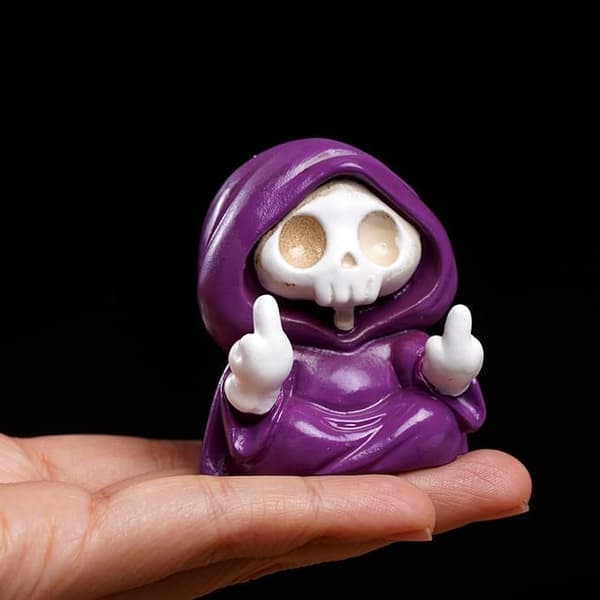 Ghost Skeleton Figurine in Resin with Middle Finger Halloween Decor Cute Spooky Desk Ornament Funny Gift