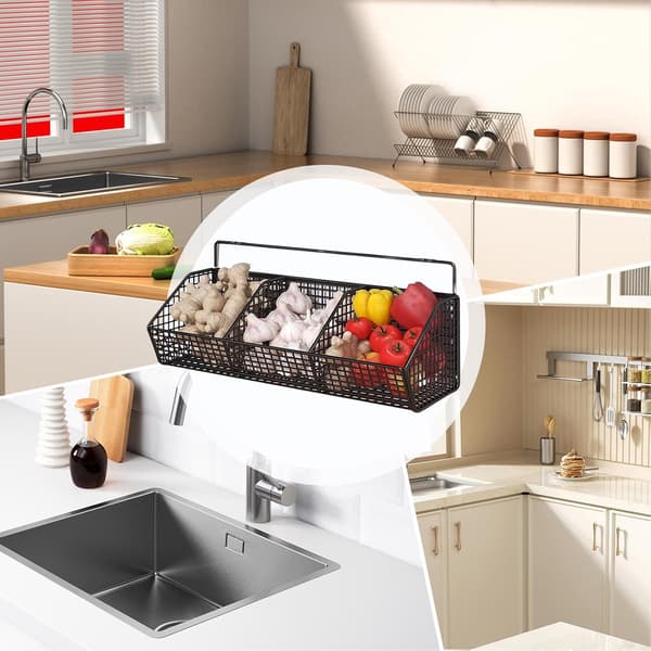 Vegetable Storage for Kitchen, 3-Compartment Potato Basket, Space-Saving Wall-Mounted Rack for Ginger, Garlic, and Onions in Pantry