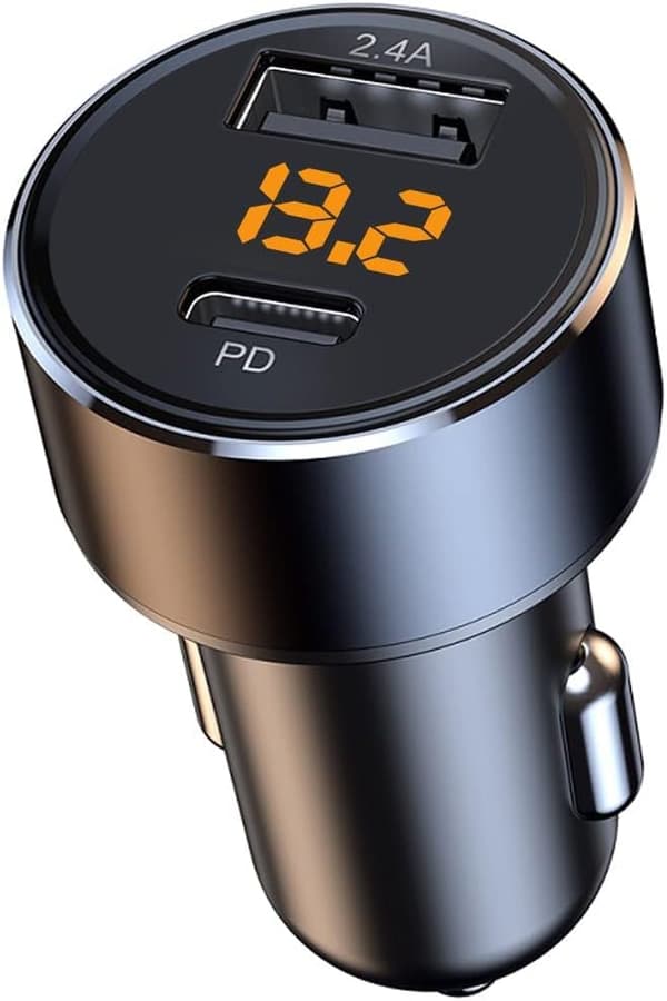 30W USB-C Biloplader, Mini 2.4A USB-adapter med LED-spændingsdisplay, Bilopladeradapter