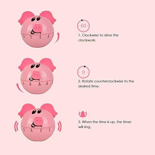 Mechanical Kitchen Timer Pink Pig Cartoon Cute Shape Time Counter Countdown Alarm Clock Without Battery, Suitable for Baking and Cooking, Learning
