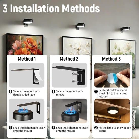 Wall Lamp - Wireless LED - Picture Frame Light - Wall Light - USB Rechargeable - 3-Piece Set - With Remote Control - Battery Operated - Spotlight - Black
