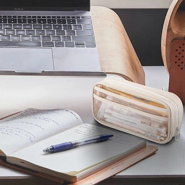 Large Capacity Pencil Case Half Transparent Beige Cute Clear Pen Bag Pencil Pouch Storage, 2 Pcs