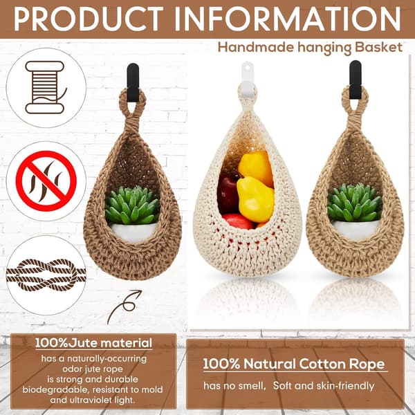 Hanging Wall Basket Teardrop Shaped Hanging Baskets Onion Basket Cape Bohemian Storage Fruit Wall Hooks for Kitchen 3 Sizes (Light Linen)