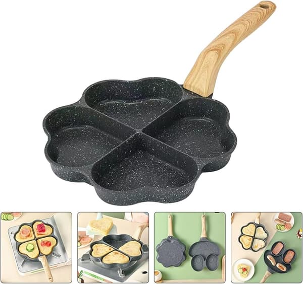 4-Heart Egg Pan - Non-Stick Aluminum Mini Frying Pan for Shaped Fried Eggs, Easy-to-Clean Breakfast Maker, Gas & Induction Compatible