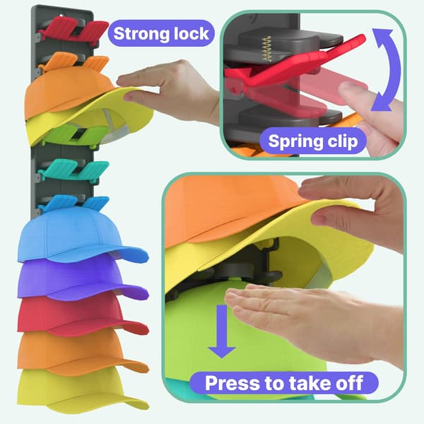 Hat Organizer for Baseball Caps 2-Pack with Built-in Spring Clips - Wall Mounted Hat Rack for Closet, Adjustable Door/Closet Storage