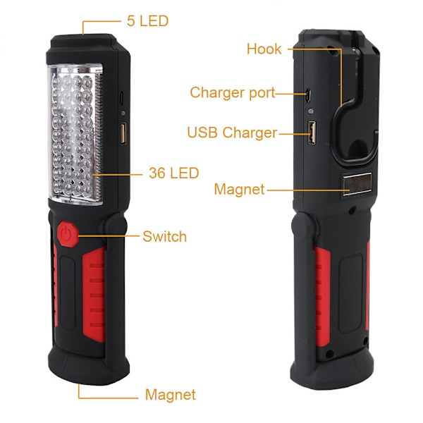Punainen tarkastuslamppu, latautuva LED-lamppu, latautuva LED-työlamppu magneettisella LED-taskulampulla, tarkastuslamppu