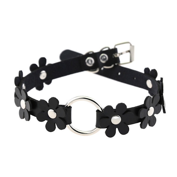 Sort Dame Blomst Læder Choker Halskæde Punk Rock Gotisk Rund Choker Halskæder (42,5 cm)