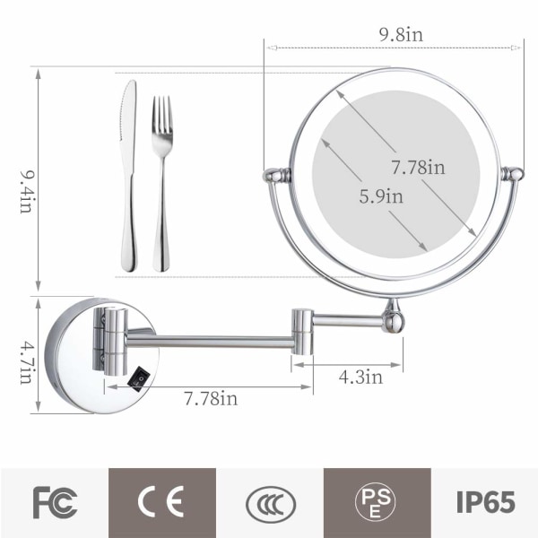 8 tuuman LED-valaistu seinäkiinnitettävä meikkipäällystyspeili 7x suurennoksella, kromi M1805D (8 tuumaa, 7x) täydellinen lahja naisille ja tytöille