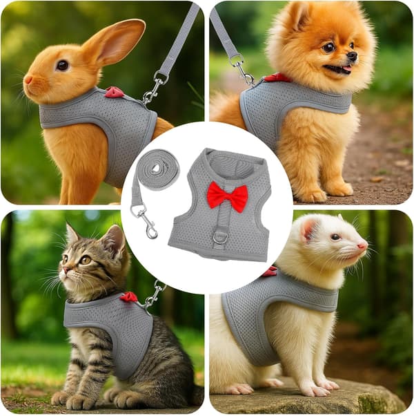 Rabbit Harness and Leash Set, Rabbit Leash for Walking Escape Proof, Rabbit Clothes with Cute Bow, Breathable Adjustable Vest, Rabbit Harness for Camping
