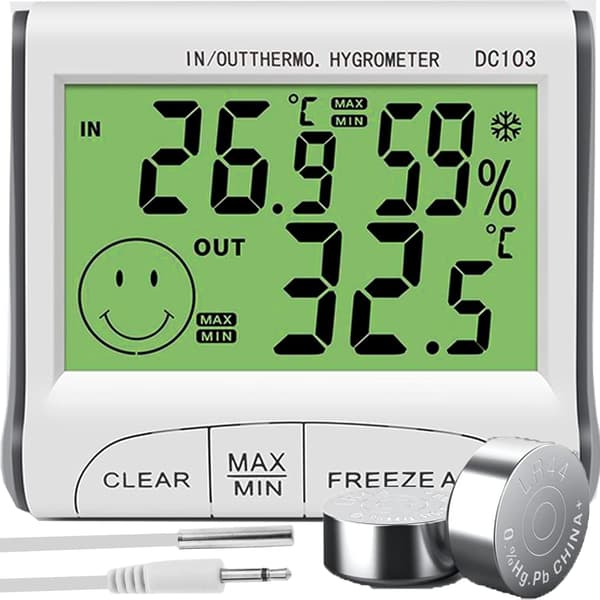 Termometer med utendørssensor, tid, innendørs- og utendørstermometer, innendørshygrometer