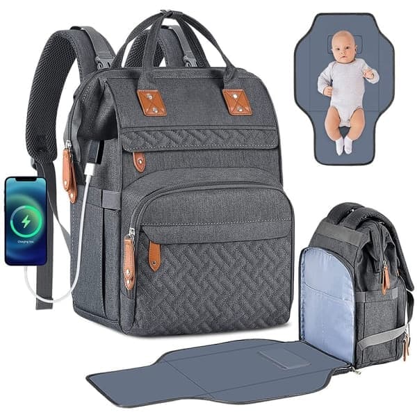 Diaper Bag Backpack with Portable Changing Pad for Moms and Dads Dark Grey