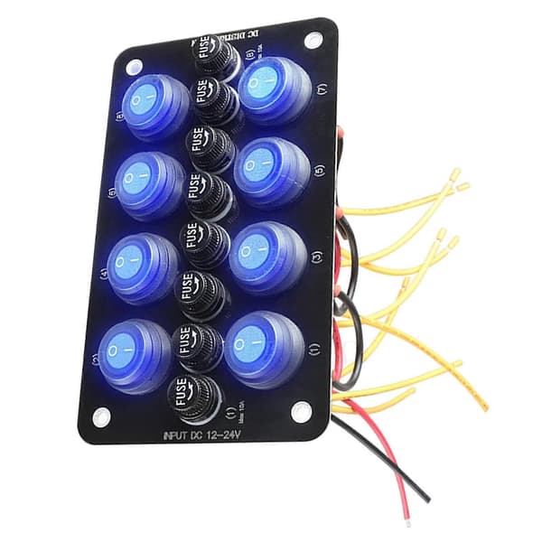 8-way Rocker Switch Panel, Toggle Panel, Blue LED On/Off, Waterproof Aluminum Control Panel, Suitable for Marine Boat, Van, Car, RV