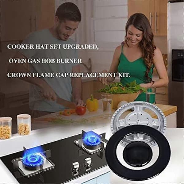 Gas Stove Burner Cap & Flame Crown Set - 6 Zinc Alloy Covers with 5 Diffusers for Even Heat Distribution