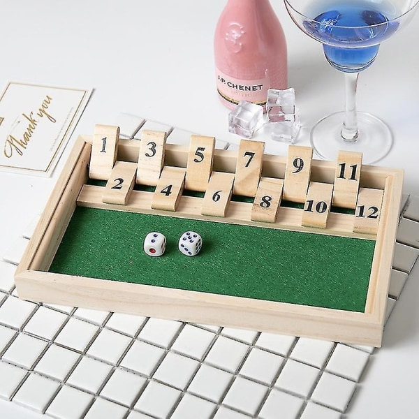 Shut The Box Spil Træ, Klassisk 12 Tal Træ Sæt med Terninger, Grøn - Voksne og Børn (1 stk)