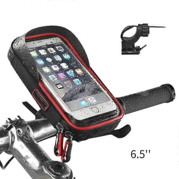 Waterproof Bicycle Handlebar Bag for Touchscreen Phone - C-Mount - Soft Bottom - Black Red - 6.5 inches (Single Pack)