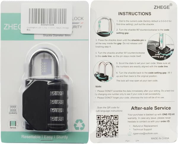 Combination Padlock, 4-Digit Code Lock, Gym Lock, School Locker Lock, Weatherproof Outdoor Combination Lock