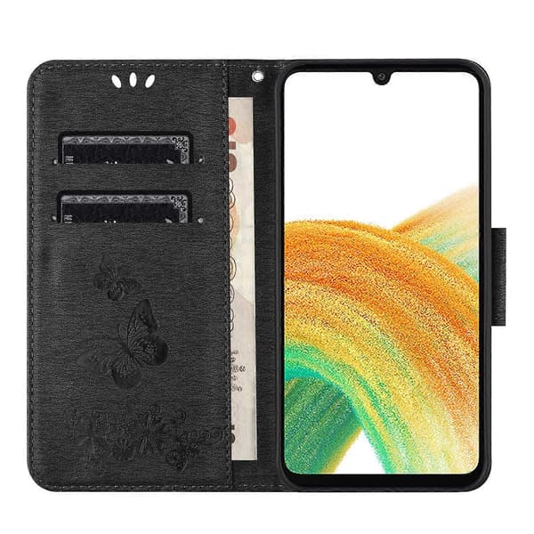 Etui til Samsung Galaxy A16 5G Sommerfugle Blomst Læder Pung Flip Telefonetui - Sort