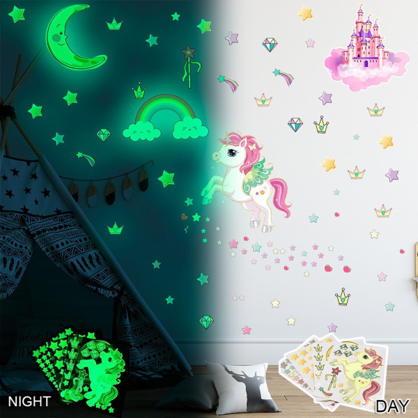 Unicorn Wall Stickers, Rainbow Castle Wall Stickers Grow in Dark Stars Cute Luminous Moon Luminous Star Castle Sticker