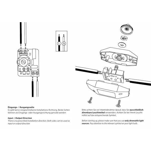 Rotationsdimmer med vit 220-230V-kabel, tryckknapp för dimbara LED-lampor
