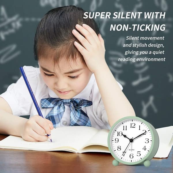 Silent Analog Alarm Clock with Nightlight, Beep Sound, Gentle Wake, Battery Operated, Easy Setting (Green)