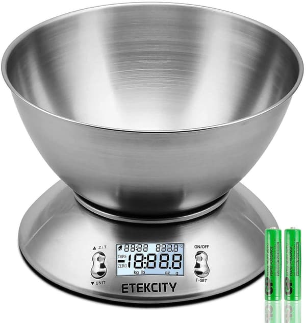 Electronic Kitchen Scale with Stainless Steel Mixing Bowl, Timer, and Temperature Sensor, for Cooking and Baking-11lb/5kg