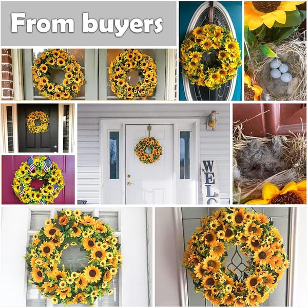 Kunstig solsikkekrans 45 cm sommer efterår store kranse forår rund blomst grønne blade