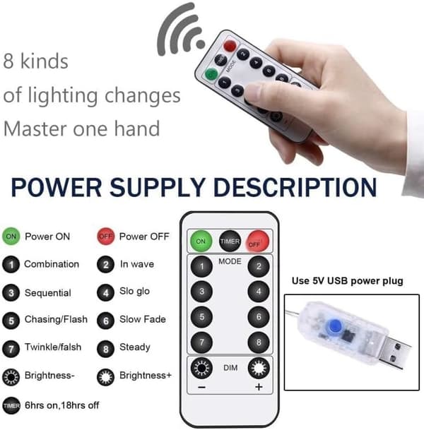 Fairy lights, USB LED Flower Garland 1.6 m - 72 lights, 8 functions, remote control - warm white