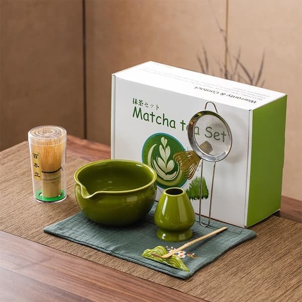 Matcha presentkit - 7-delat set - Matcha startkit - Matcha visp - Keramik - Bambu - Komplett Matcha set förpackning [Ho]