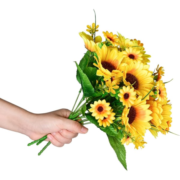 2 stk. kunstige solsikkebuketter, gule blomster til hjemmedekorering, bryllup (med blomsterpotte)
