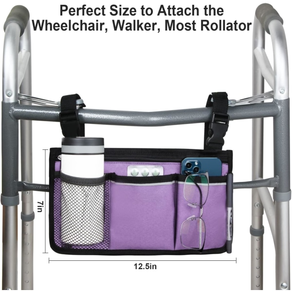 Rullestolsideorganisering Oppbevaringsveske Armlenpose med koppholder og reflekterende stripe Bruk vanntett stoff, for de fleste rullestoler, Walke