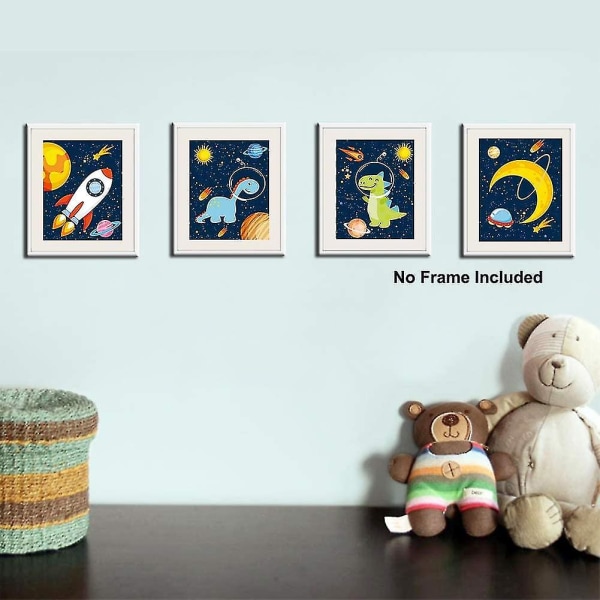 Sæt med 4 plakater, der er kompatibelt med børne-/babyværelse, raketplanetplakat, rumplakater for børn, dinosaurer vægkunsttryk, dekorative billeder, der er kompatible med B