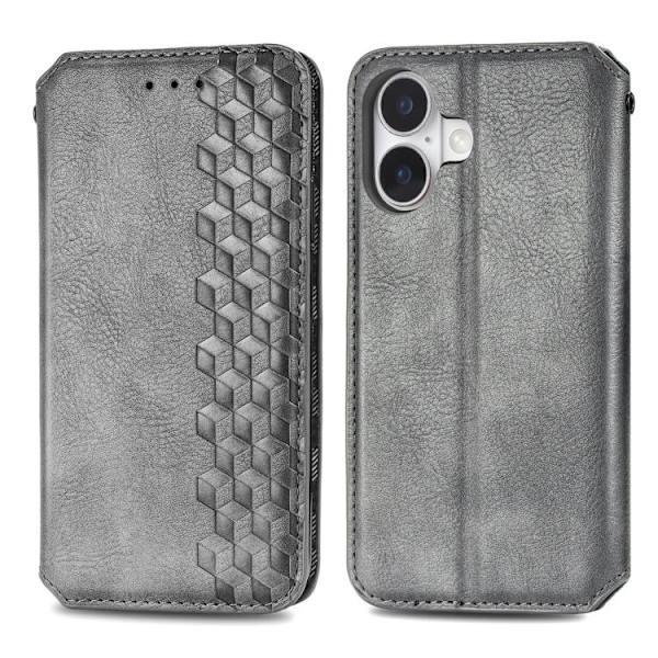 iPhone 17 Case Leather Case with Cubic Grid Pattern and Magnetic Closure Grey Grey Grå