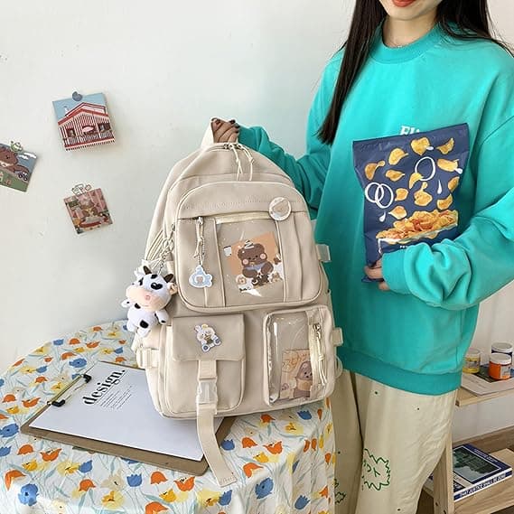 Kawaii Backpack with Cute Pin Accessories Plush Pendant Kawaii School Backpack Cute Aesthetic Backpack-Beige[GKS]