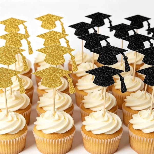 48 STK Dimissions Cupcake Toppers, Sort Guld Tandstikkere