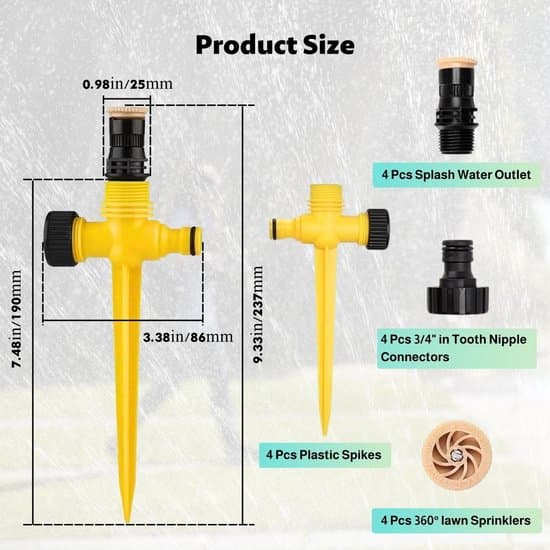 4 Lawn Sprinklers with Eight 1/4 Inch Water Inlets, 360 Degree Rotatable, Adjustable Garden Sprinkler, Automatic Irrigation System with Quick Connector