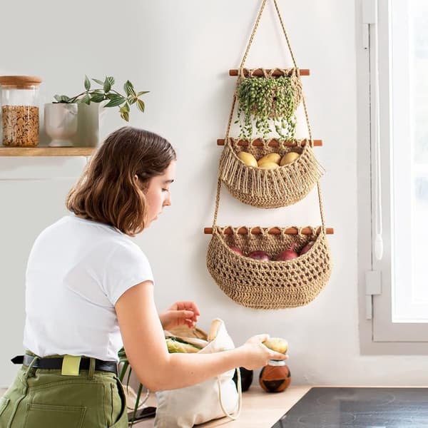 3-Tier Hanging Fruit and Vegetable Basket - Detachable Wall Net - Hand-Woven Jute Basket - Multifunctional Kitchen Rack