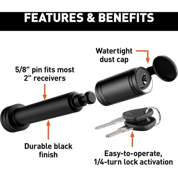 Black Hitch Lock, 5/8 Inch Pin Diameter, Fits 2 Inch Receivers