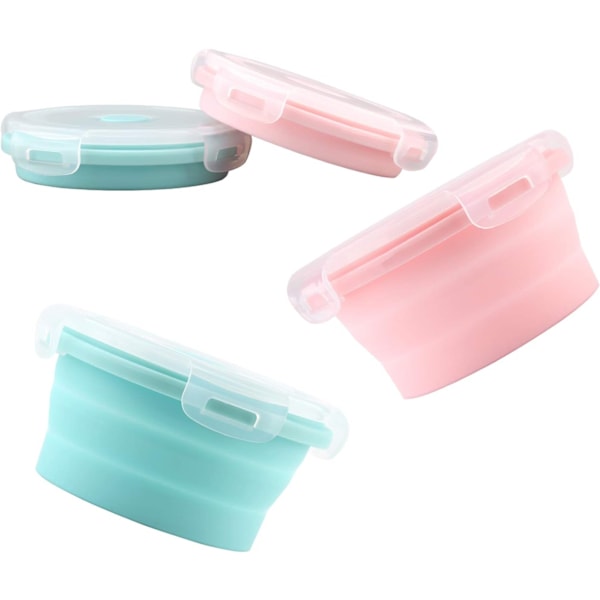 2 st Vikbara Hundskålar 350ml Silikon Vikbar Hundskål med Lock Bärbar Utdragbar (12x12x3cm) (Rosa Blå)
