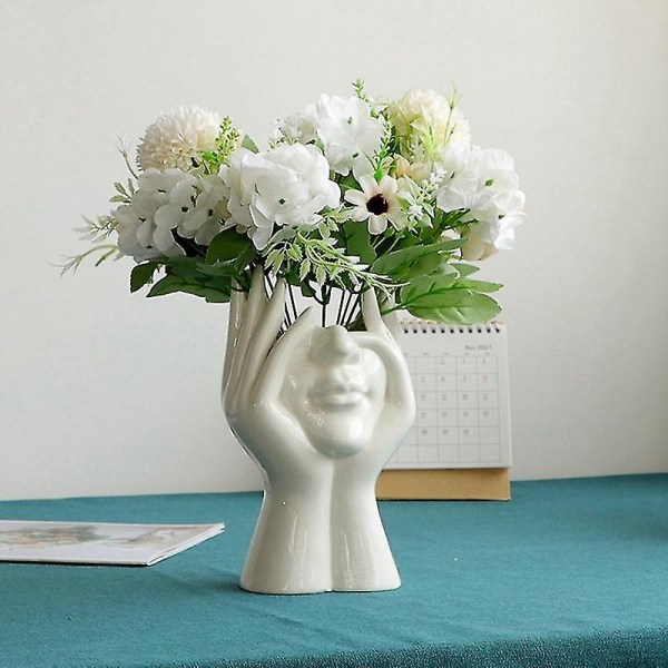 Nordisk Keramik Menneskeansigt Blomster Vase Skulptur Plantepot Hjem Decor