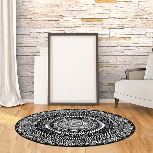Rundt teppe med mandala-blomst, teppe til rommet, sklisikkert gulvteppe