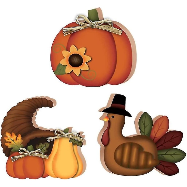 Thanksgiving Træborddekoration Bordpynt Græskar Kalkun Midtpunkt Efterår Brun, Orange 3stk