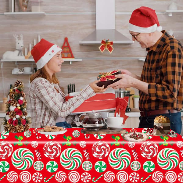 Christmas Tablecloth, 2 Pieces, 137 x 274 cm, Large Red Rectangular Tablecloth for Christmas, Candy, Lollipop, Christmas Dinner, Merry Christmas, for