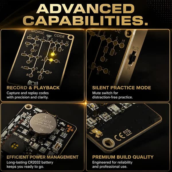 Morse Code Trainer Card Pro, Portable Interactive LED Telegraph Trainer with Signal Buttons, Audiovisual Feedback & Recording/Playback Function