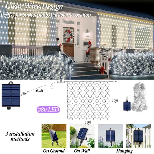 3 x 3 m Solar String Light with 280 LEDs, USB Powered, 8 Modes on Clear Wire for Bushes, Patio, Gazebo, Christmas, Holidays, Cool White Cool White
