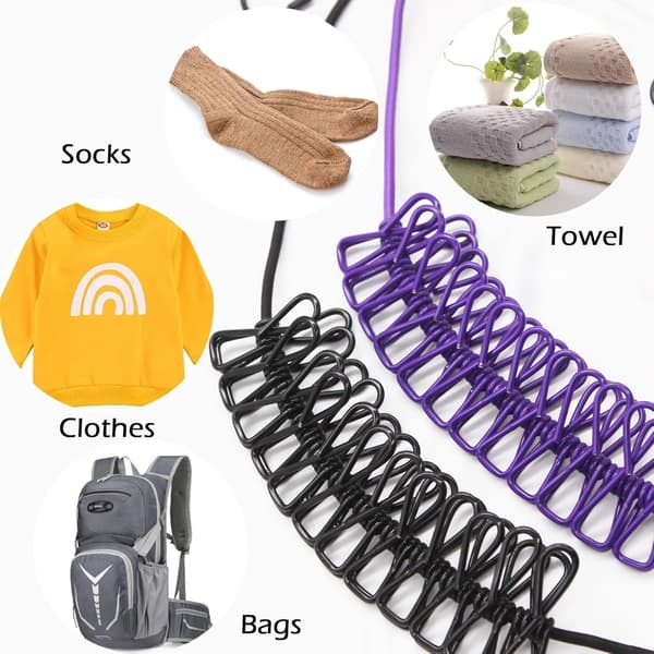 Clothes Drying Line with Hooks (2-pack) Elastic Clothes Hanger Line for Clothes Drying with 12 Clips Clothesline for Drying Clothes