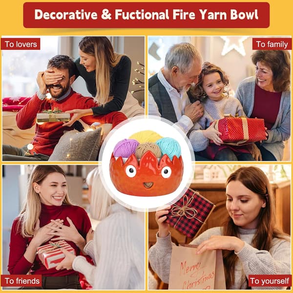 Handmade Ceramic Yarn Bowl for Crocheting - Flame Pattern Crochet Bowl, Keeps Yarn Tangle-Free, Perfect Gift for Knitters