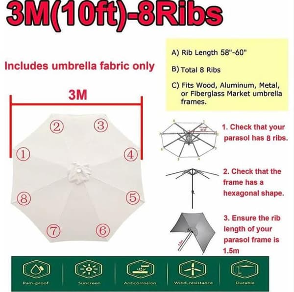 Replacement Cover for 8-Rib Parasol, Replacement Parasol Canvas, Diameter 3m / Round Canvas (Red)