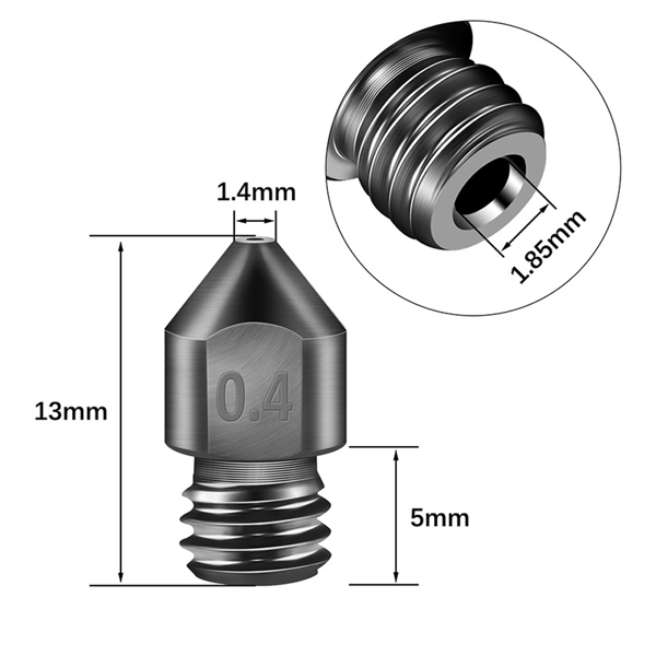 5 stk. hærdede ståldyser 0,4 mm/1,75 mm 3D-printer MK8 Nej