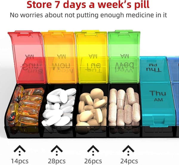 Extra Large Pill Organizer 2 Times A Day, Weekly XL AM PM Pill Case, 7 Day Pill Box Twice A Day (Rainbow)